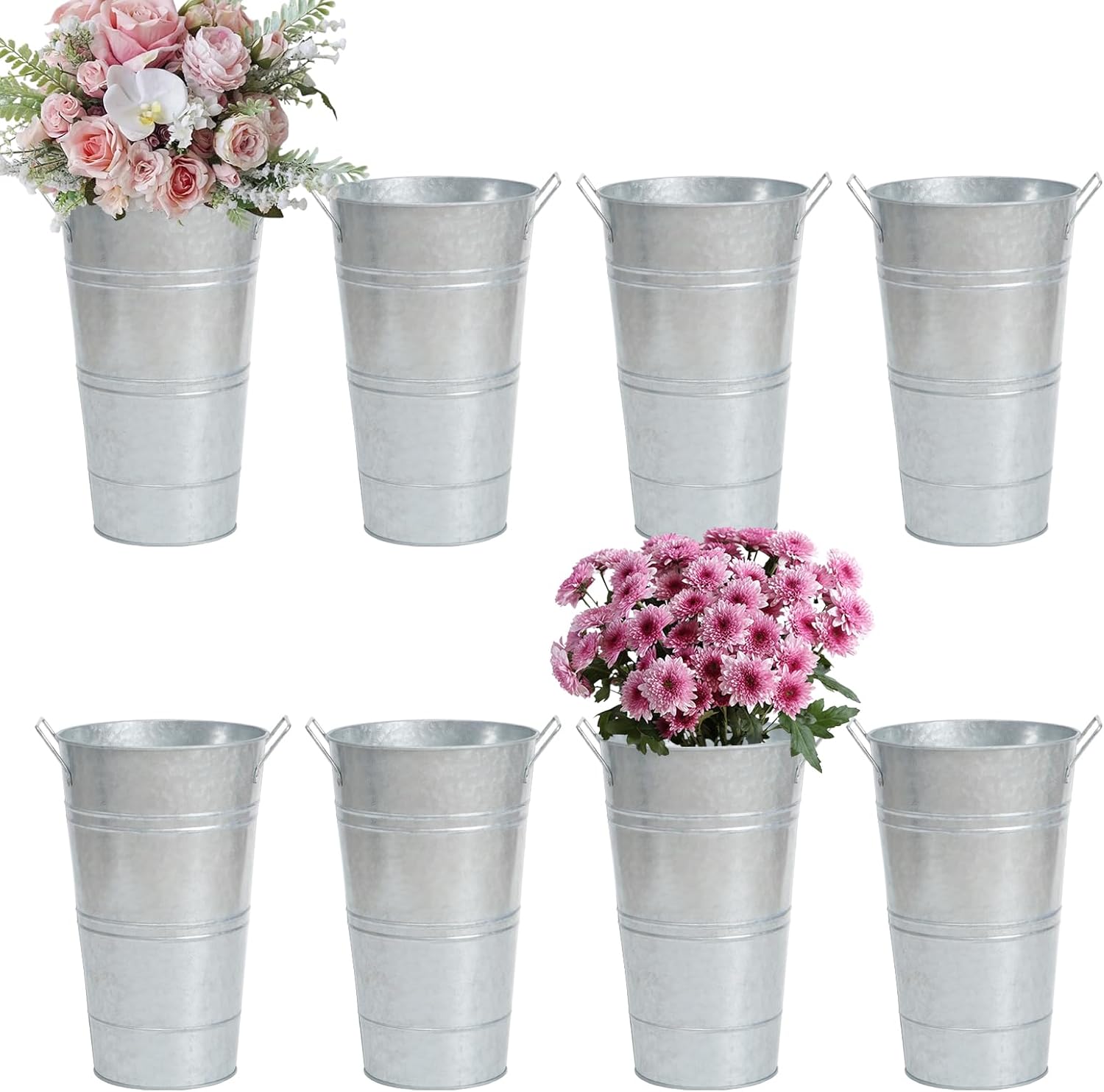 8 Pcs 12 Inch Large Galvanized Metal Vases Farmhouse French Flower Bucket Vases for Cut Flowers for Home Decor and Wedding Table Centerpiece Decorations (Large Silver) Large Silver Set of 8