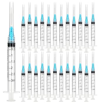 24 Pack 3ml Syringes with Needle 23G 1 and Cap, Sterile Luer Lock Syringe Individually Packaged for Labs, Liquid Measuring, Pets,Oil, Glue