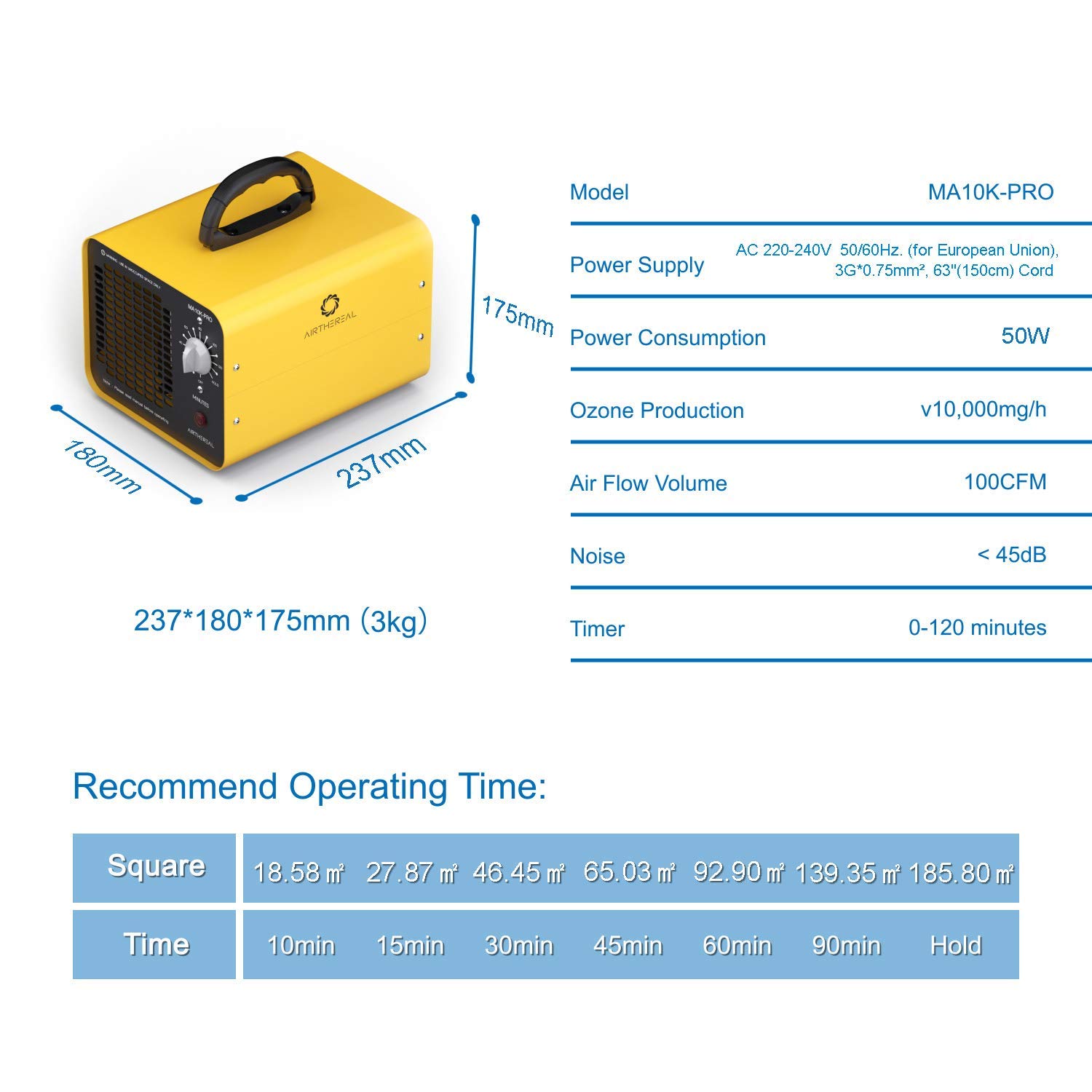 Airthereal MA10K-PRO Générateur d'Ozone Industriel Éliminateur d'odeurs 10000 mg/h O3 Machine à Haute Capacité Ioniseur d'Odeur Désodorisant à la Maison Jaune