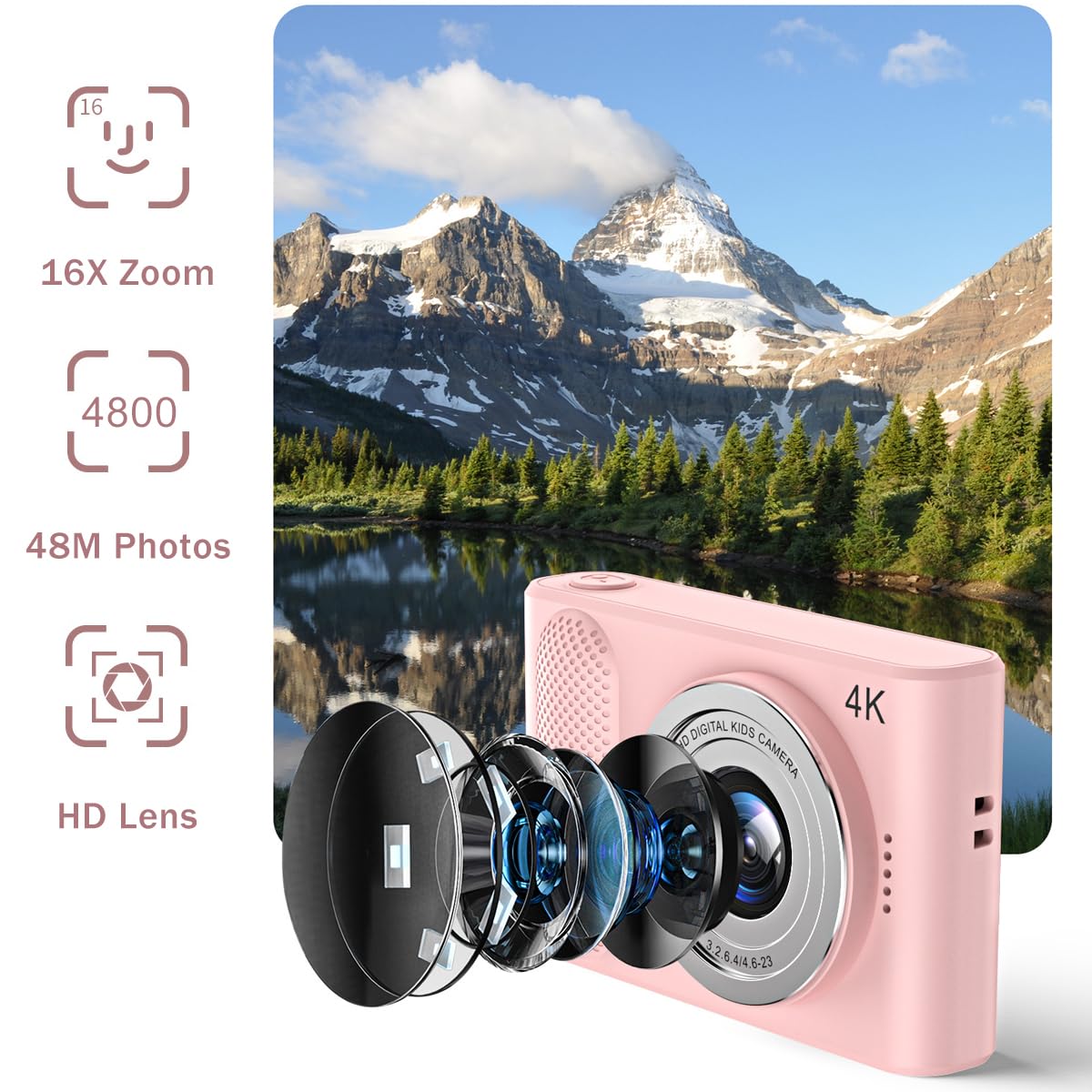 Appareil Photo Numérique, Appareil Photo 4K pour Enfants HD 48MP, Zoom 16X, Appareil Photo Numérique avec écran 2,4 Pouces, Petit Appareil Photo Compact pour la Photographie de