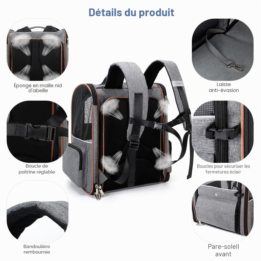Sac Transport Chat avec 4 Entrées, pour Chien, Respirant - Sac a Dos avec Harnais Intérieur - Charge Maximale 8kg - Gris