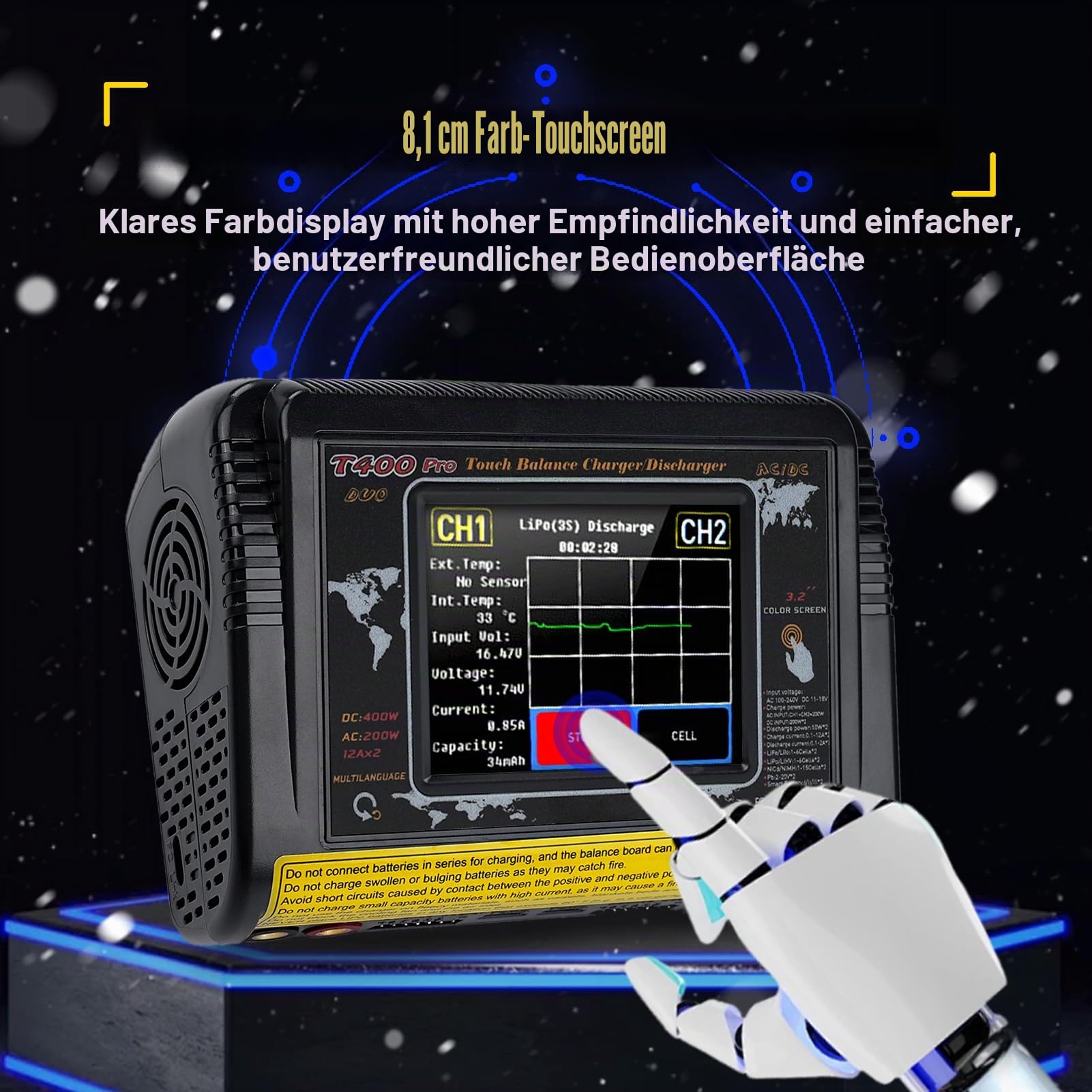 Lipo ladegerät mit Balancer RC ladegerät lipo Charger DC/AC dual Charging 11-18V 400W AC 100-240V 200W Auto Erkennung LiPo/Lilon/Life/NiMH/NiCd/PB/NiMH 3,2 Zoll LCD Touchscreen 12A (T400)