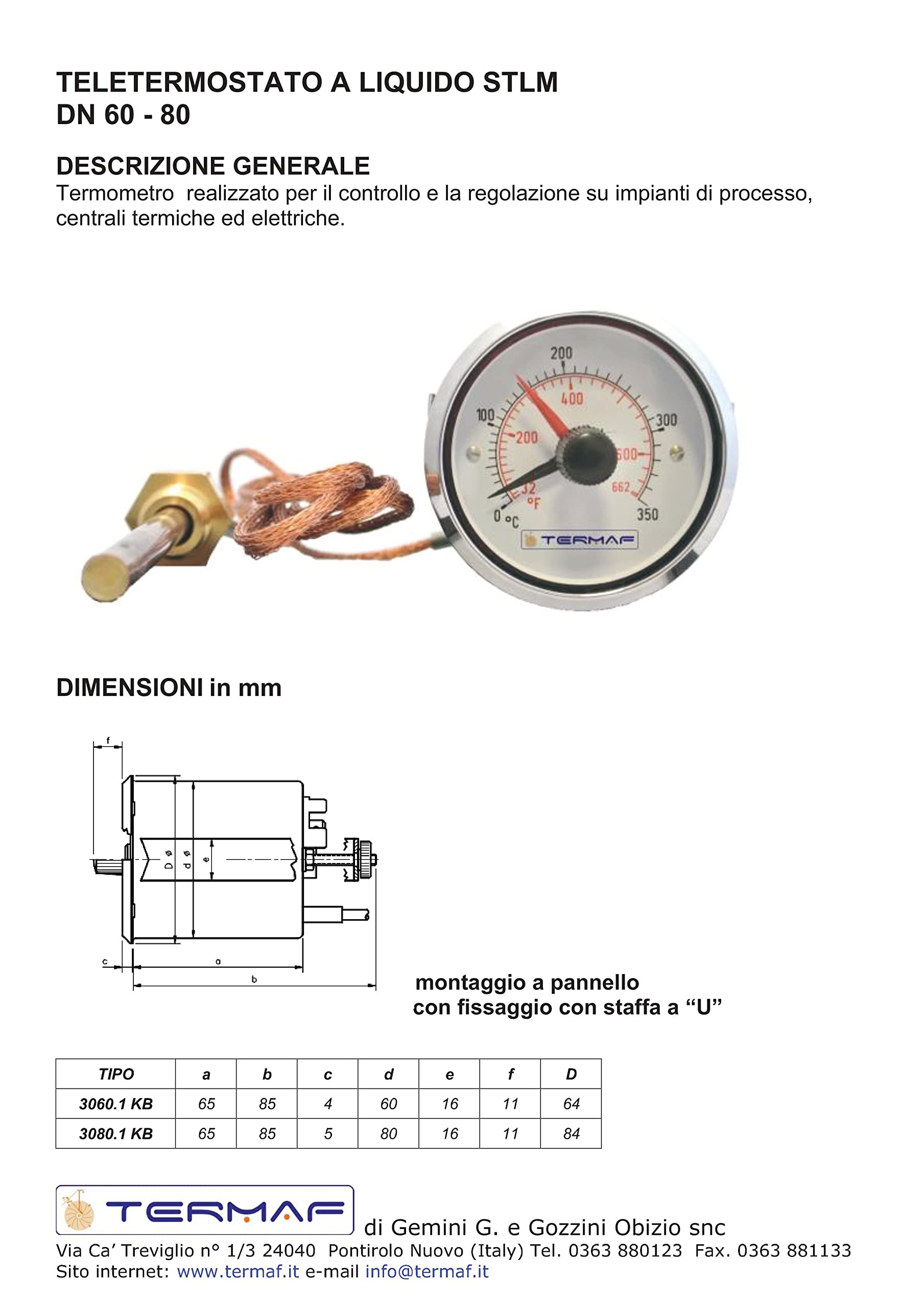 Termometro con Contatto Elettrico STLM ø60 Capillare 1,5 metri 0÷50°C