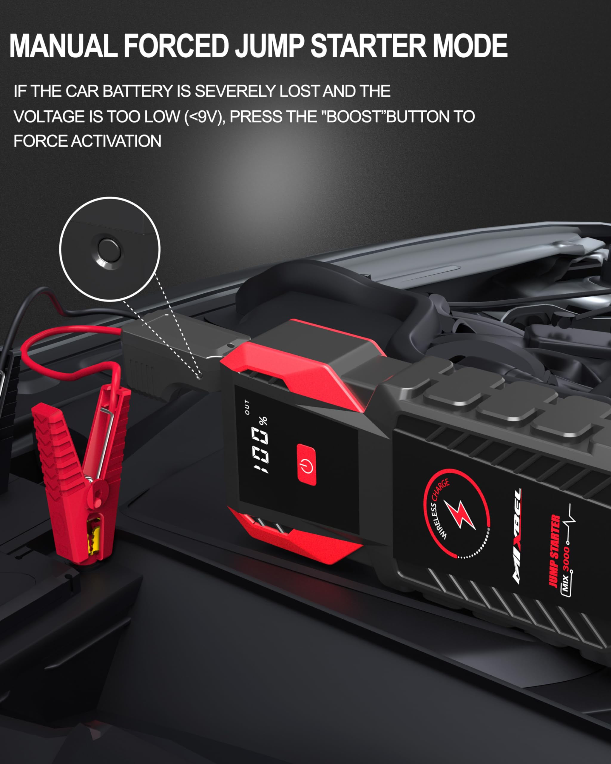 Arrancador de Baterias de Coche, 3000A Peak 12V Arrancador de Coches 24000mAh, Booster Arrancador Portatil para Motores Gasolina o DiéSel de 8L, con Luz LED, USB QC 3.0, Carga InaláMbrica