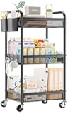 YASONIC 3 Tier Rolling Cart – Metal Utility Storage Carts with Wheels, Craft Cart Organizer with Hanging Cups, Hooks, Mesh Basket for Bedside Kitchen Office Art, Black