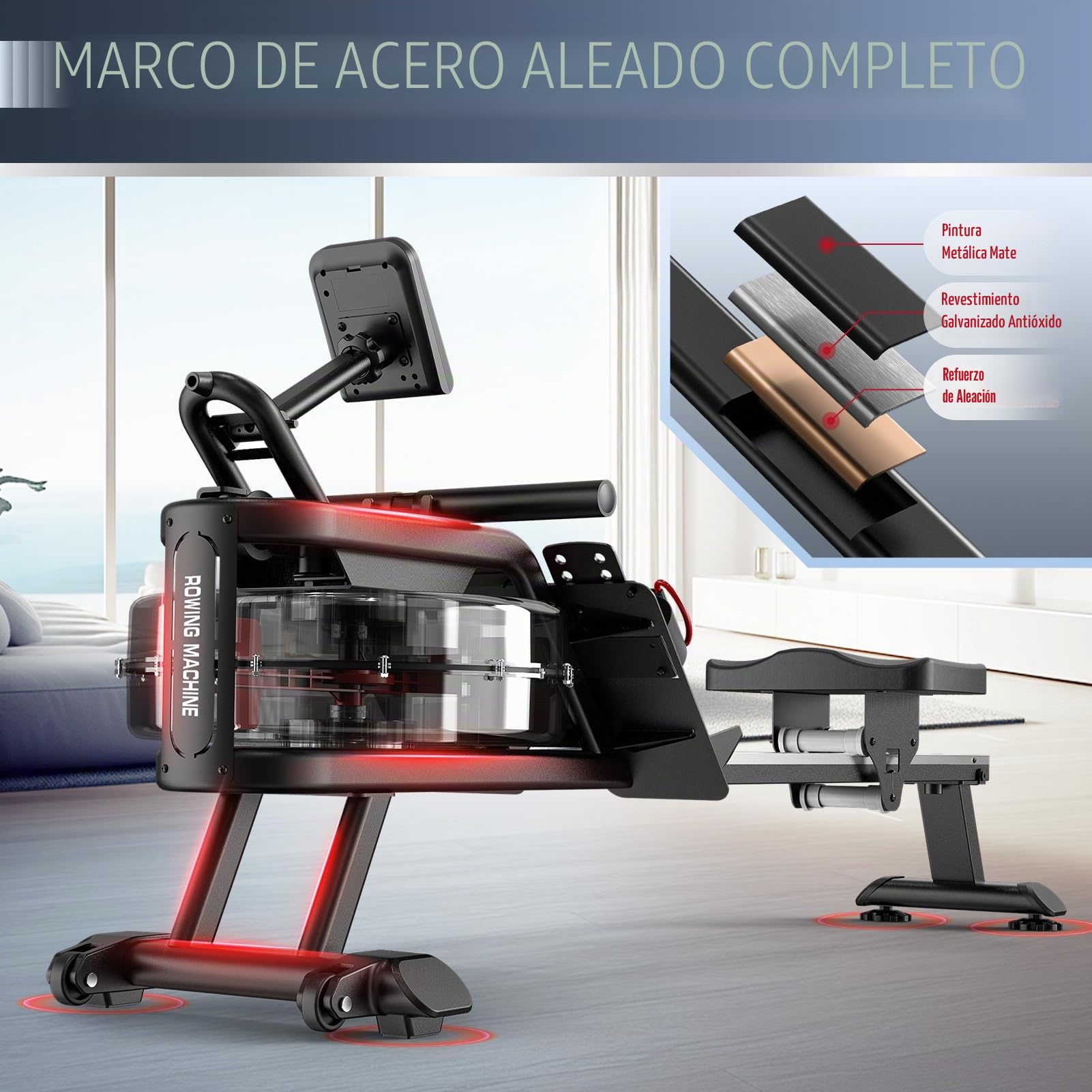 YAMO Máquina de Remo, Remo con LCD Display, Tanque de Agua de 14 litros, Máquina de Remo con Capacidad de Peso de 150kg, Rowing Machine con Membresía de (Tanque de Agua Plano)