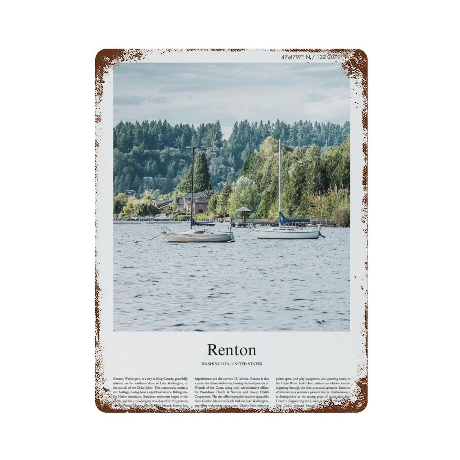 xiaoxiaoshen Renton Washington, United States, USA City Scenery Wall Decor Art Metal Tin Poster Modern Home Decor Art Home Bar Shop Decorations Vintage Sign 40x30cm