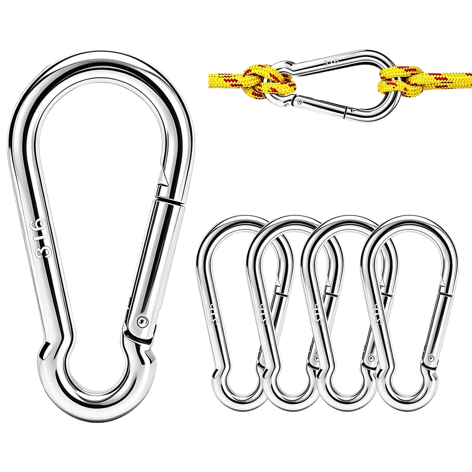 TWOURS 316 Stainless Steel Spring Snap Hooks 5 Pack, 2.38 inch Heavy Duty Marine Grade Carabiner Clips, Rust Proof Quick Link Hooks for Boat Fender Sailing Rigging Dog Leash & Awning