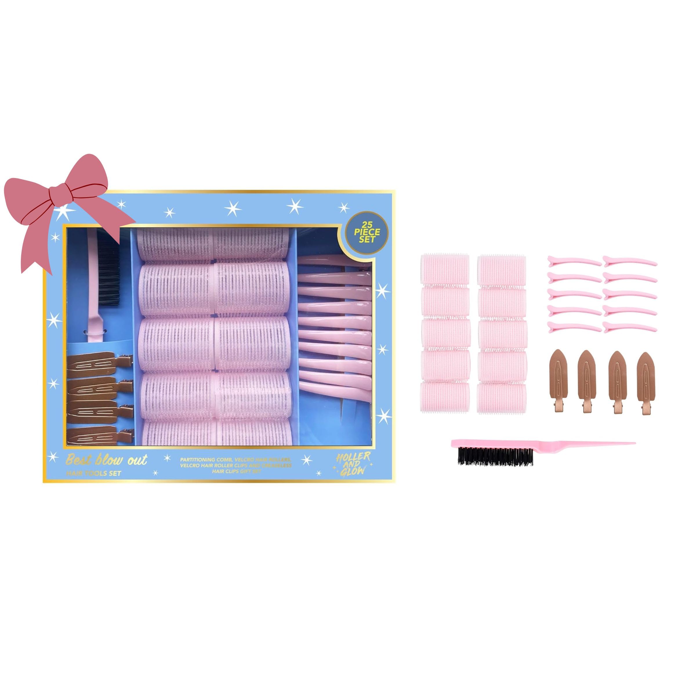 Holler & Glow Best Blow Out Tools Set, Limited Edition, Velcro Rollers For Hair, For Lift & Volume, No Crease Hair Clips, Easy To Use Blowout For Curls, No Damage, All Hair, 25 Piece Gift Set