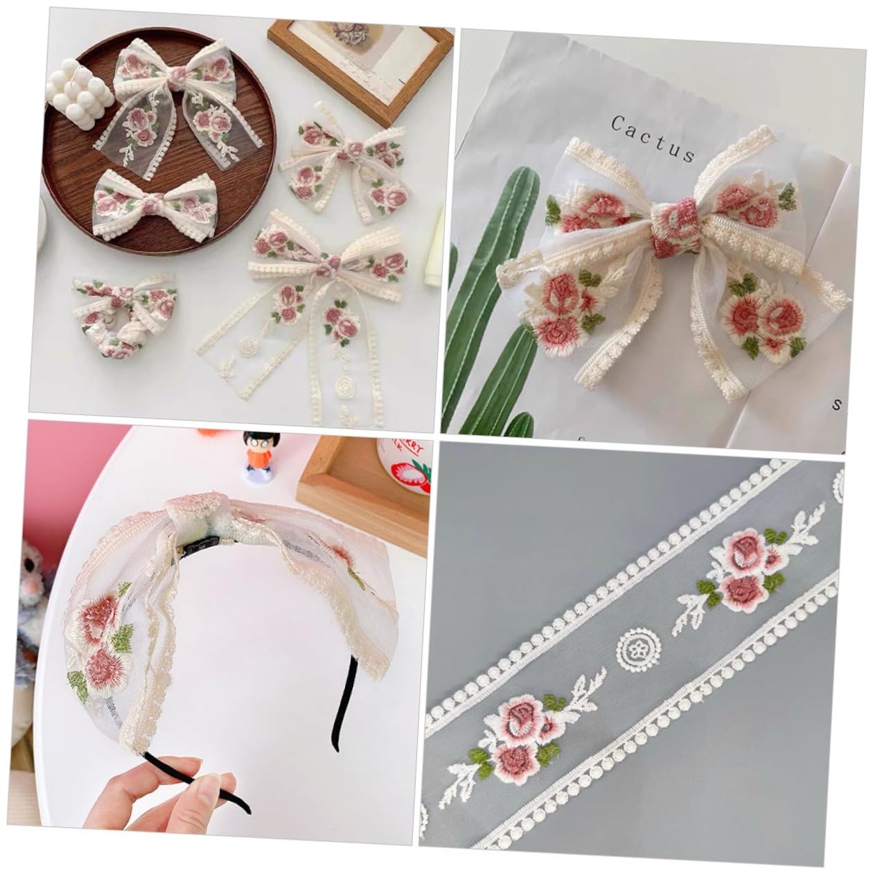 VILLCASE 4 Rollos Material De Accesorios Para El Cabello De Encaje Rosa Bordado Ribete De Encaje Rojo Decoración Artesanía Bralette De Apliques De Bordado De Cinta Tela