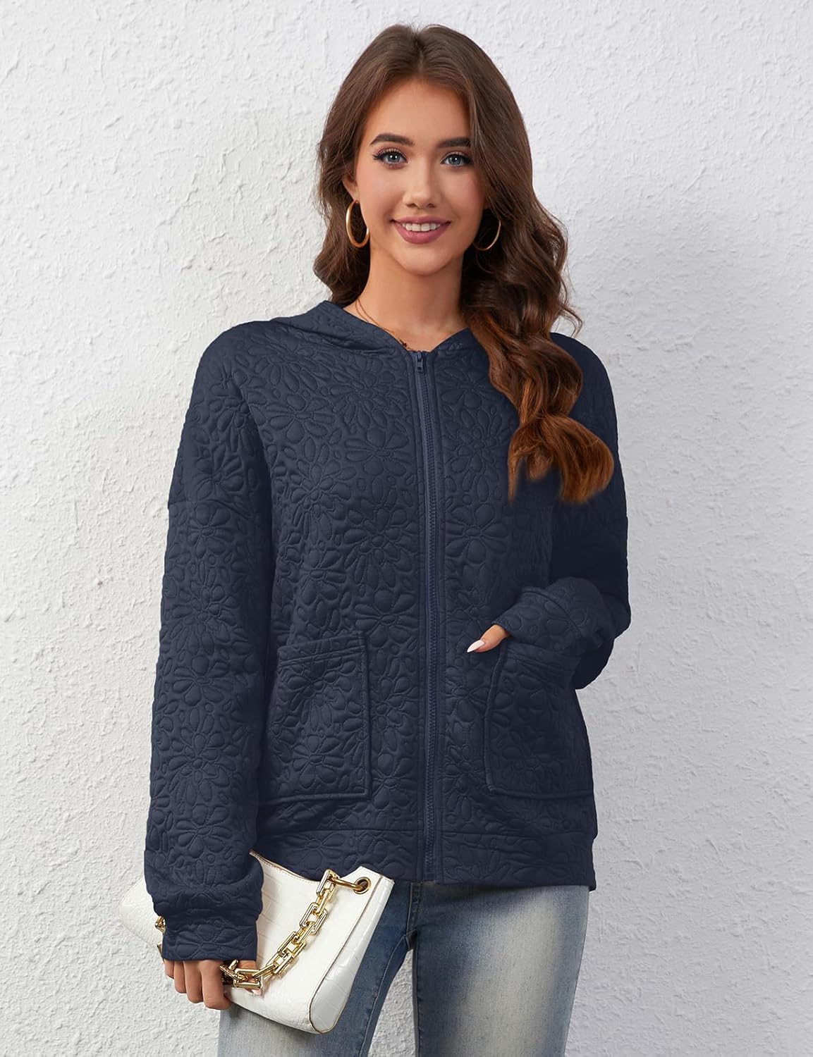 Misyula Style Womens Zip Up Hoodies with Pockets Fall Fashion Long Sleeve Oversized Casual Jacquard Hooded Sweatshirt Jackets - Image 2