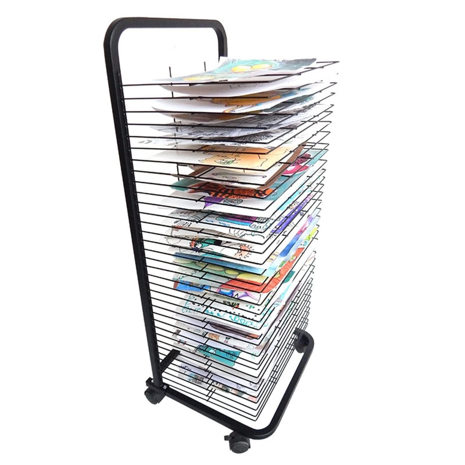 JYHHGDS Mobile Drying Rack with 35 Shelves, Black Powder Coated Metal Steel Artwork Display Rack, Wire Shelves for Classroom, School & Art Studio