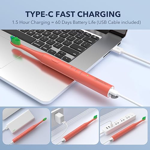 Miniatura 2 de ARISSON Cepillo de dientes eléctrico Sonic para adultos y niños, cepillo de dientes eléctrico de 40,000 VPM, cepillos de dientes eléctricos Naranja