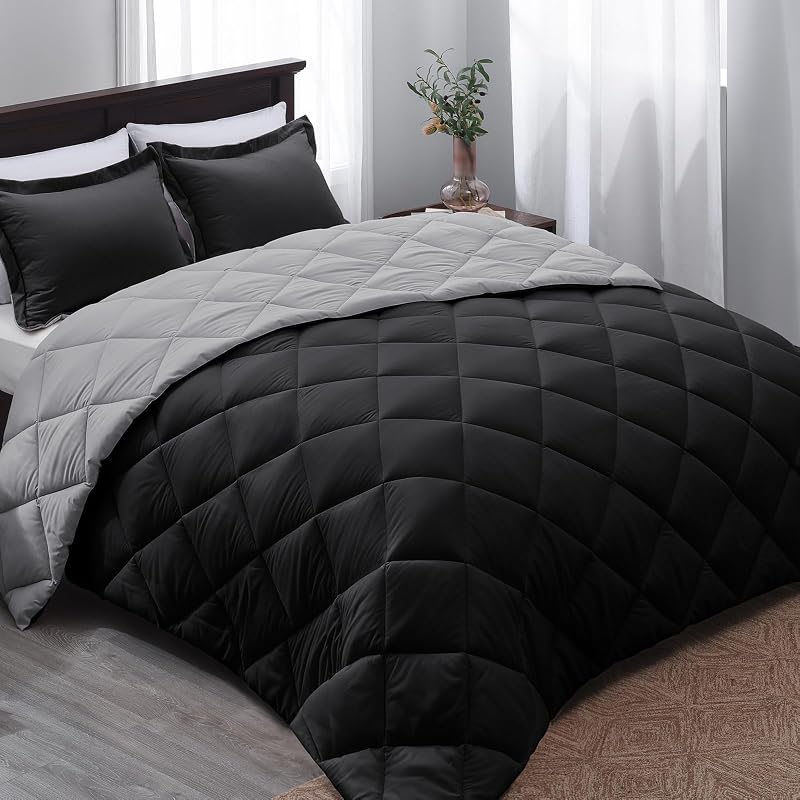 Queen Comforter Set - Black Comforter Set Queen, Reversible Bed Comforter Queen Set for All Seasons, Black/Grey, 1 Comforter (88"x92") and 2 Pillow Shams (20"x26"+2")