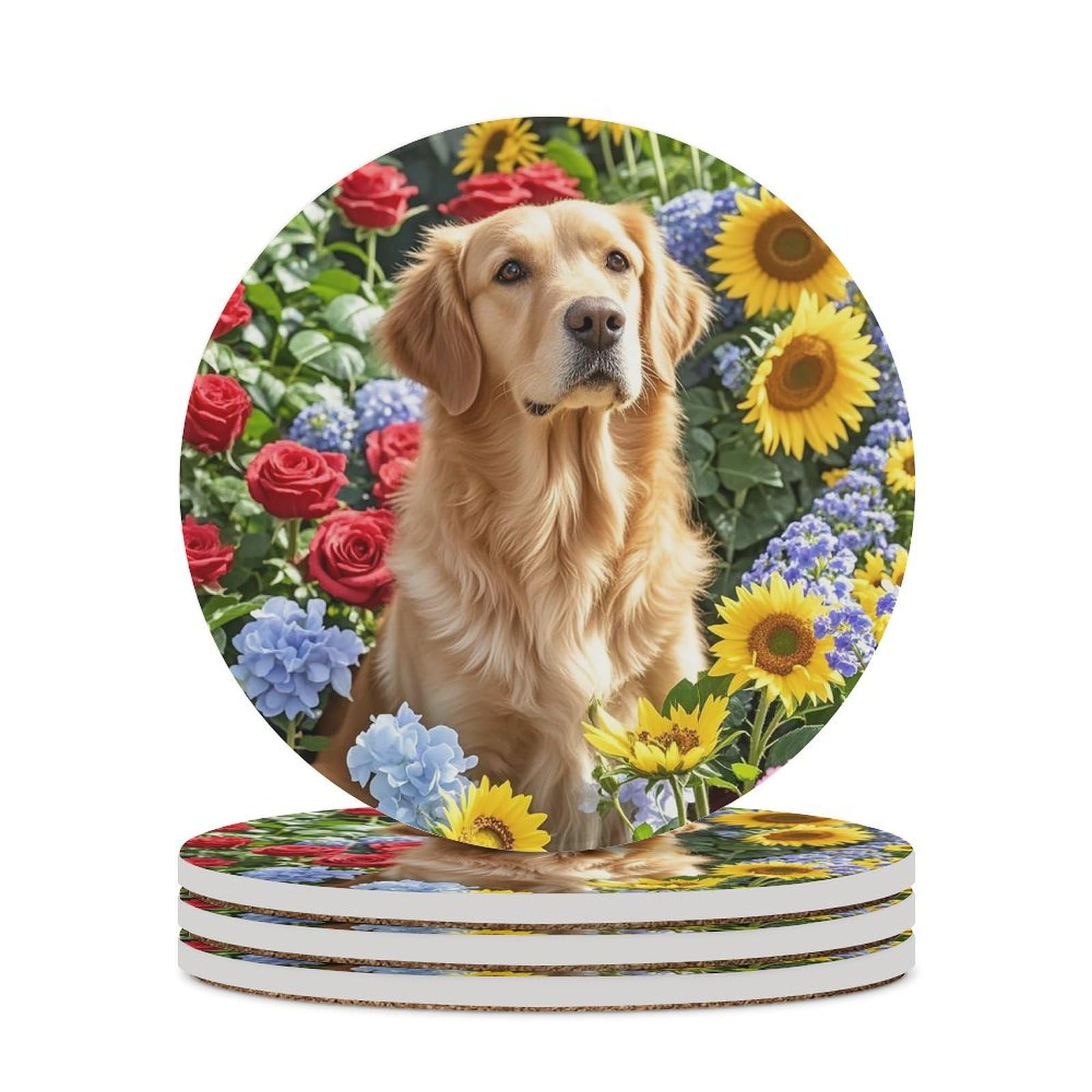 Dessous de verre Golden Retriever rond en tissu absorbant pour décoration de table de cuisine