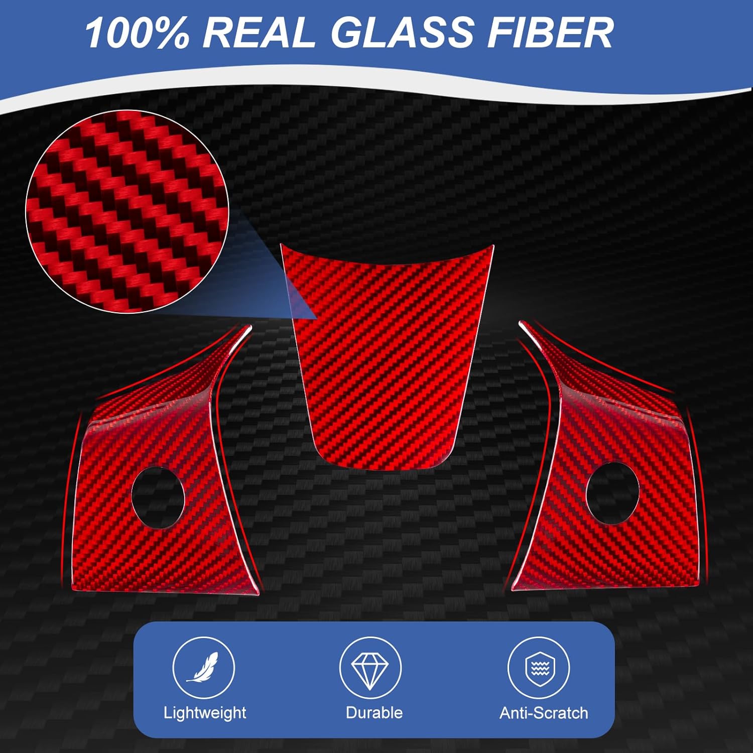 T-carbon Real Glass Fiber Steering Wheel Trim Cover Compatible with Tesla Model 3 2017-2023, Model Y 2020-2025 Steering Wheel Wrap Interior Decorative Accessories, Red - Image 3