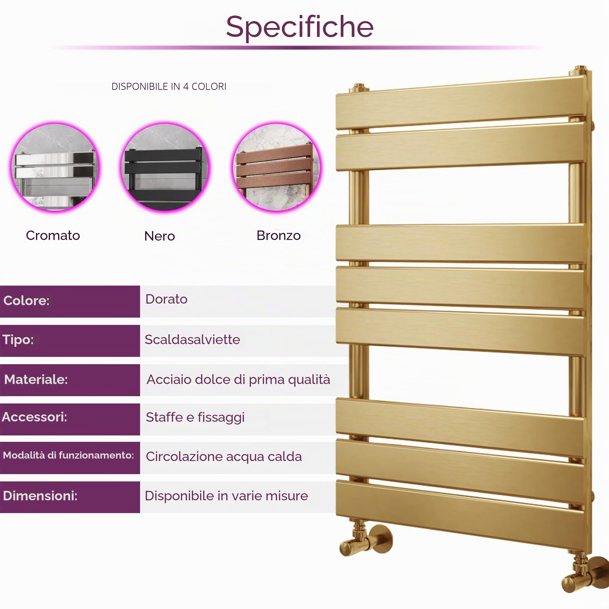 Ark - Radiatore da bagno in oro spazzolato, per portasciugamani riscaldato, scaletta riscaldata, 800 x 500 cm