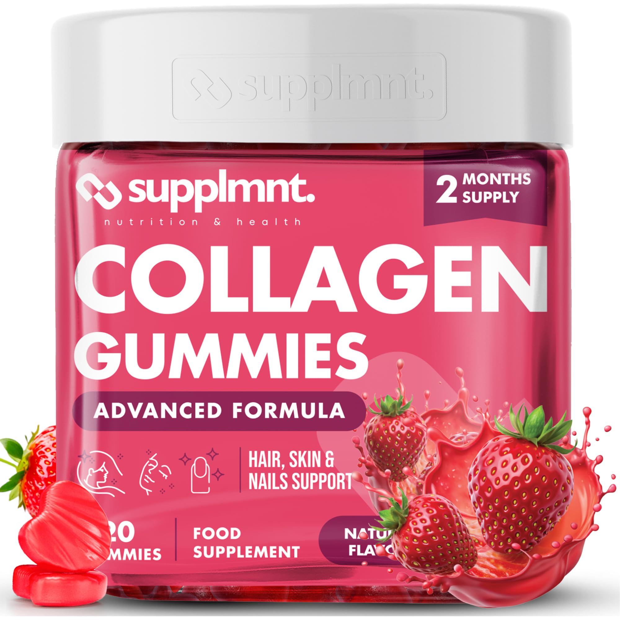 Supplmnt. Marine Collagen Gummies, Hydrolysed Collagen Peptides w/Biotin, Hyaluronic Acid & Vitamin C, Collagen Supplements for Women & Men, Collagen for Skin, Hair & Nails (One Size, Strawberry)