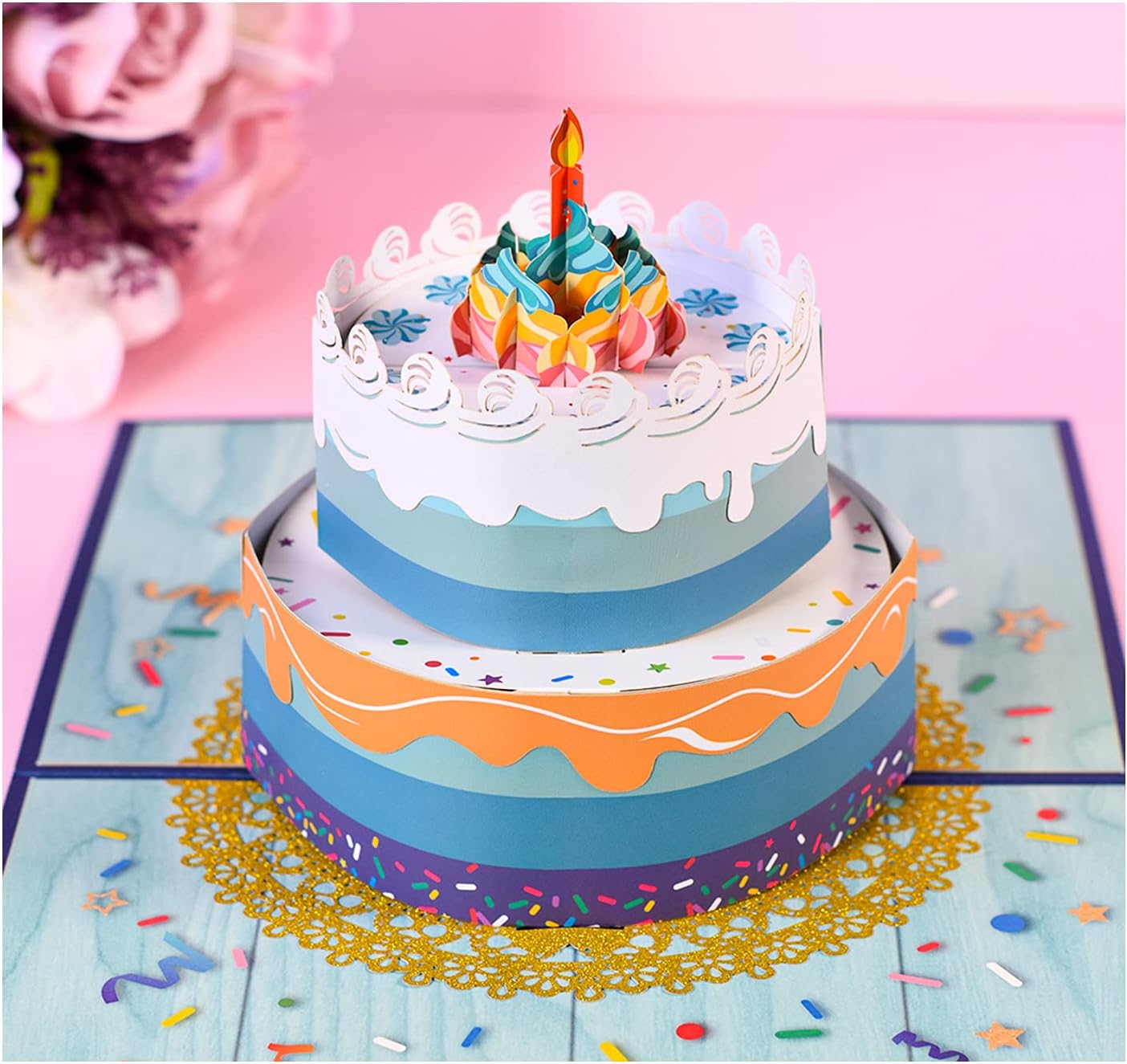 お誕生日 ３d ギフト ポストカード ベアとケーキと風船 お祝い メッセージ Happy Birthday ハッピーバースデー 封筒付 送料1円で送れます 全店販売中