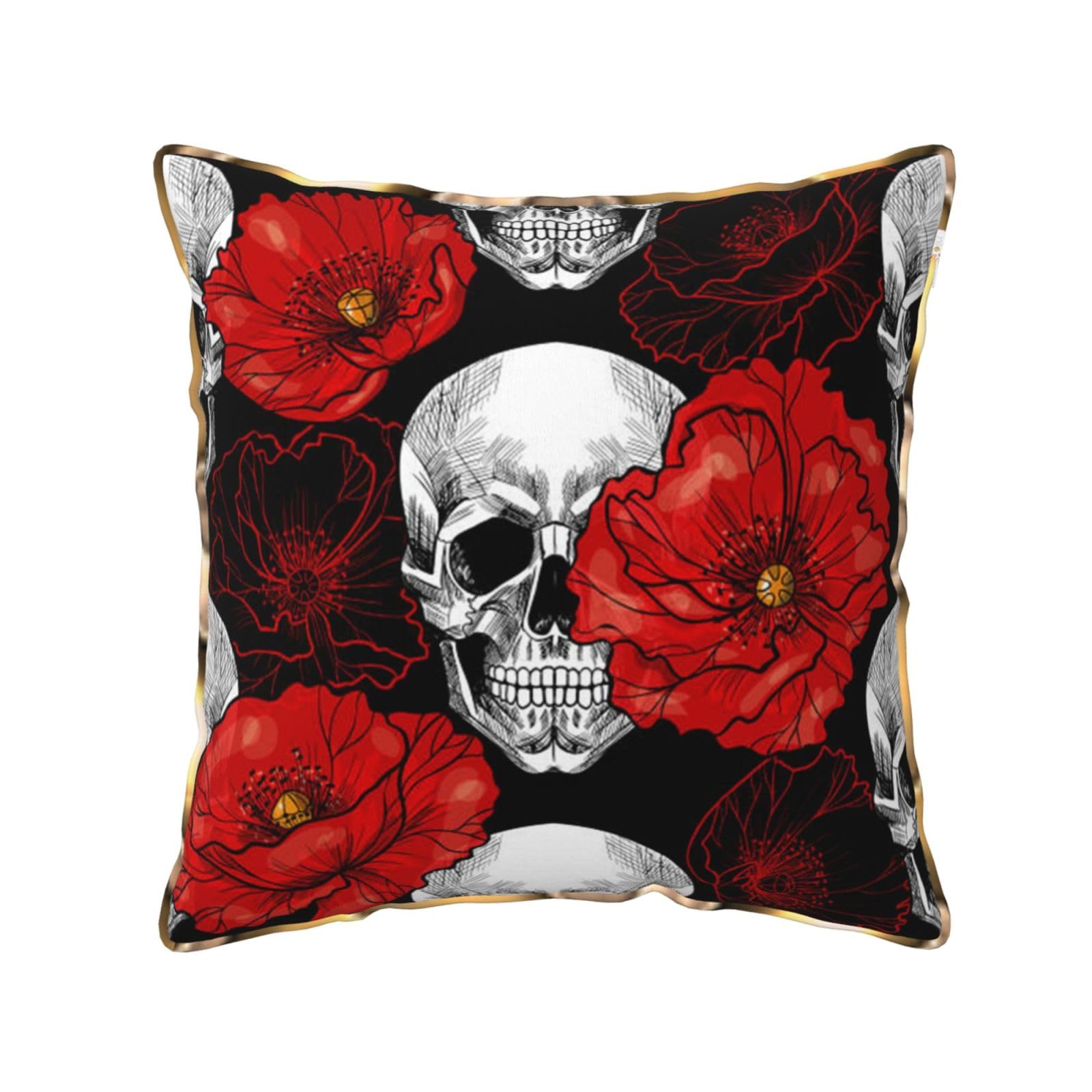 AUBKFELD Halloween Skull Printed Velvet Cushion Cover 45x45 CM with Gold Edging Strip, Square Pillowcase Soft Throw Pillow Covers Case Decorative for Living Room Sofa Couch Bed Bench