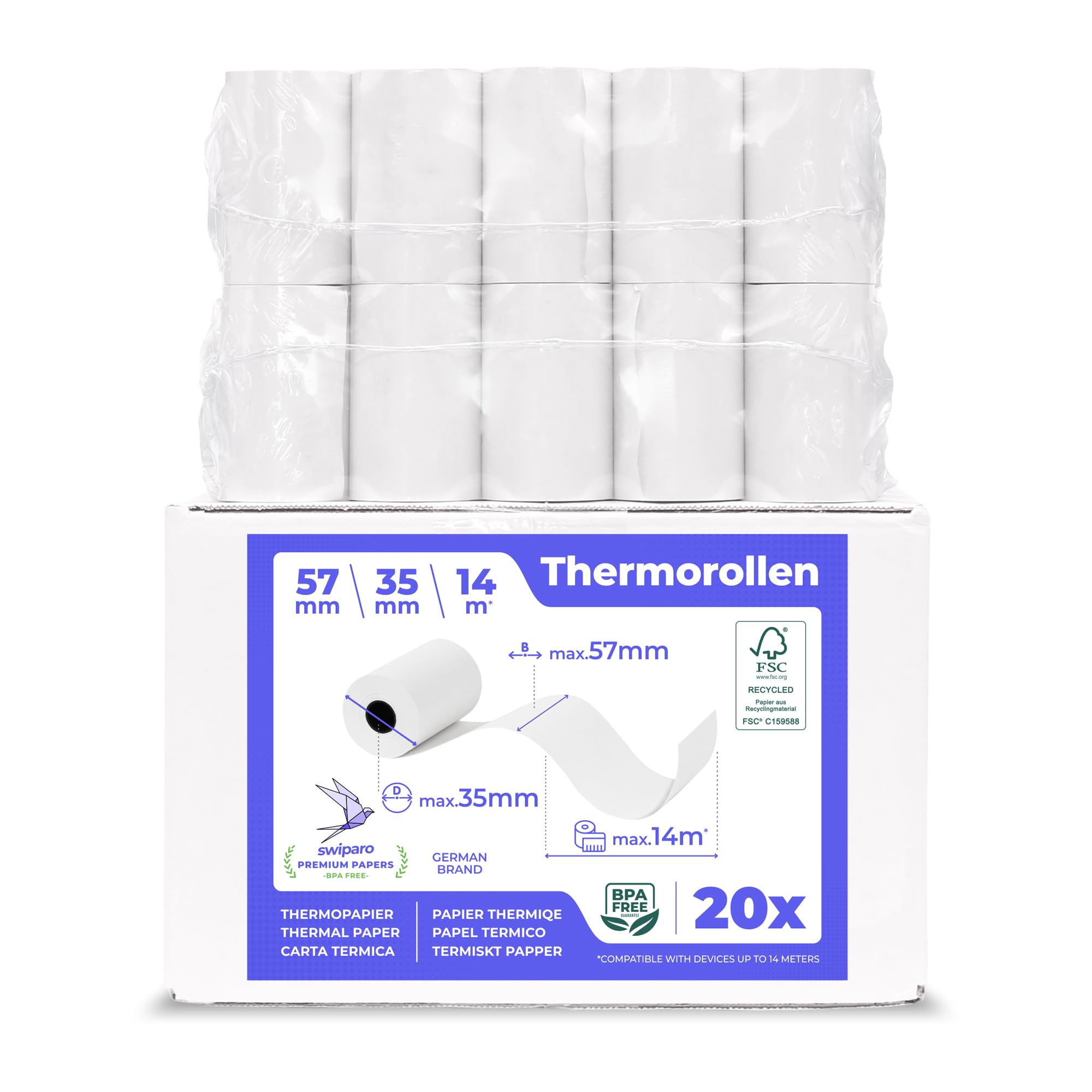 Rouleau TPE Carte Bancaire 57x35x12 Papier Thermique 57mm x 14m x 12mm sans BPA
