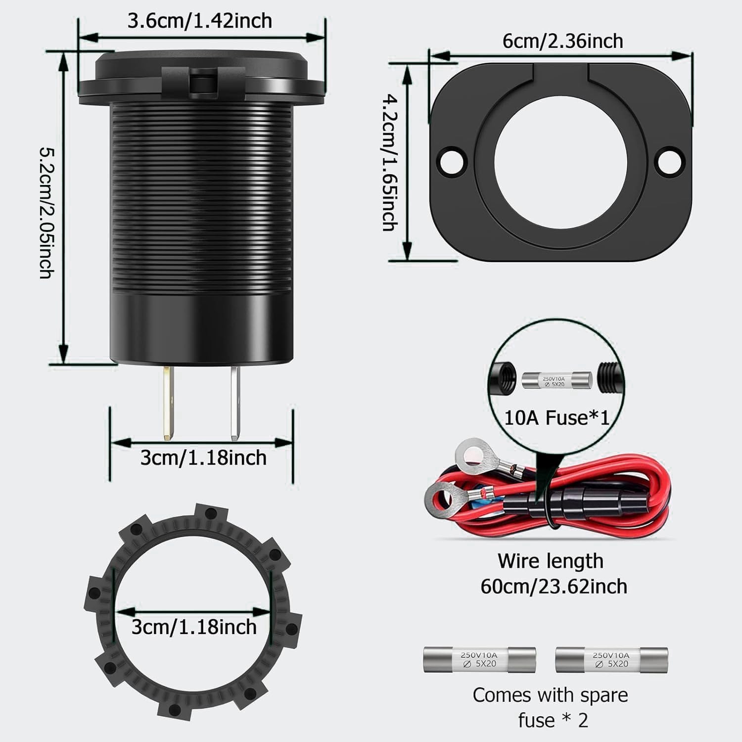 Upgrade Aluminum12V USB Outlet,65W PD and Quick Charge 3.0 Multi USB Port for Car,Waterproof Cigarette Lighter Replacement Socket with Voltmeter and Switch for Motorcycle RV Marine Golf (Pack of 2)