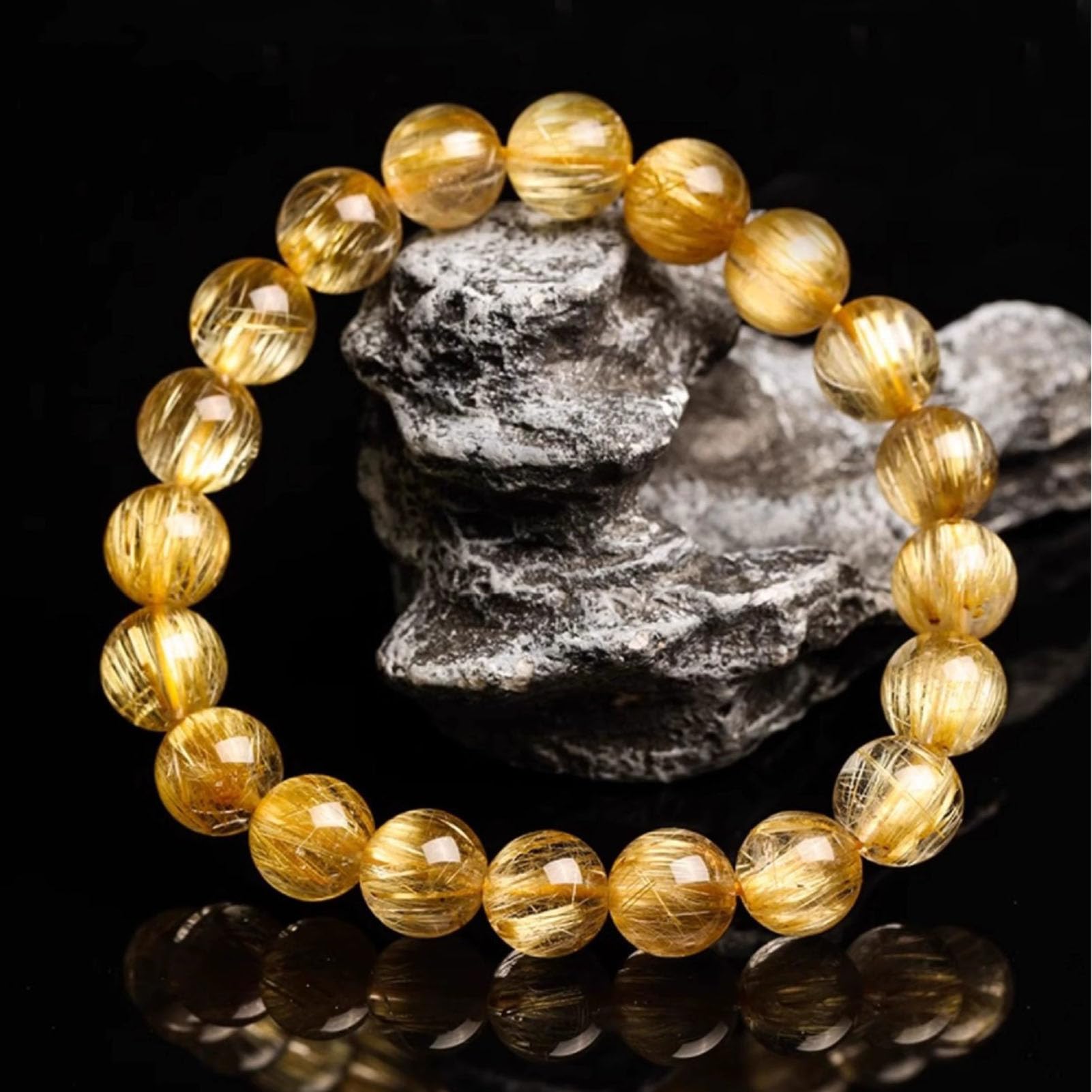 Natürliches Citrin-Gold-Rutilquarz-Armband für Damen und Herren, echte Kristall-Heilperlen, Verstellbarer Stretch-Steinschmuck für Fülle und Positive Energie, Chakra-ausgleichendes,16MM