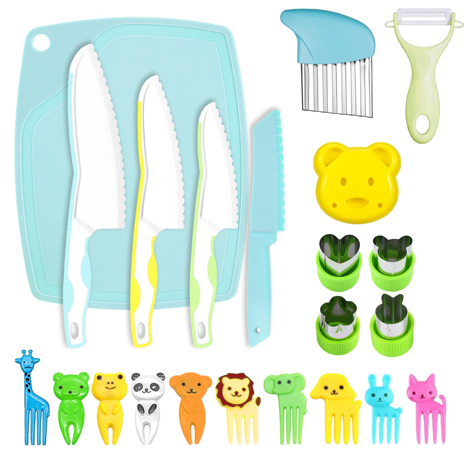 Neyeau 22 Pieces Kids Toddler Kitchen Cooking Knife Set,Mini Chef Knife Set for Childrens,Serrated Edges Plastic Toddler Knife, Crinkle Cutter, Sandwich Cutter, Y Peeler, Cutting Board,Fruit Fork