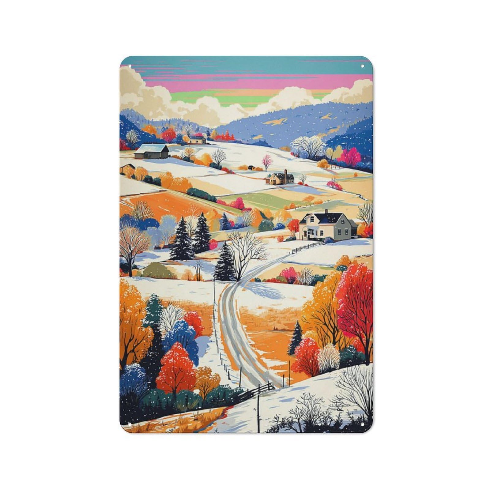 Junmoney Winter Landscape With Snow-Covered Fields Retro Metal Sign With Design 30X20cm, Distressed Look Retro Room Decor For Living Room, Hallway, Kitchen Or Cafe