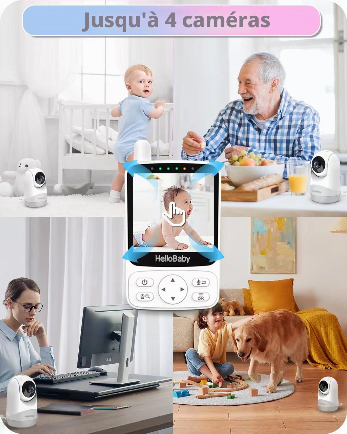 HelloBaby babyphone caméra,29 Heures de Batterie Babyphone Caméra Bébé, 355°/120° Caméra PTZ Longue Portée,Eco,Affichage de l'heure, Conversation Bidirectionnelle, Jusqu'à 1000 Pieds (HB6240)