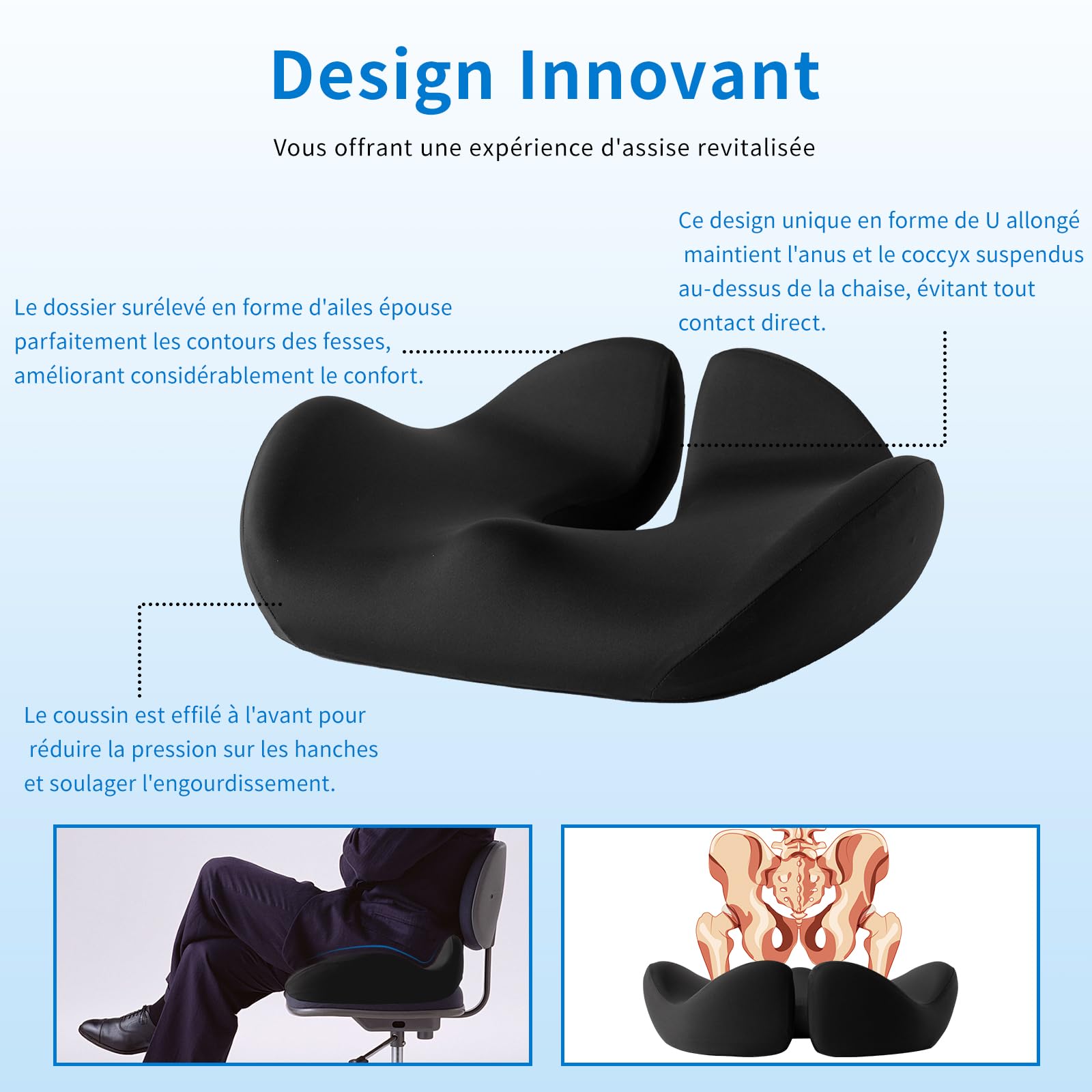 Coussin Siège Mémoire Forme Coussin Coccyx Orthopédique POOTACK En Mousse à Mémoire - Grand Coussin Siège Ergonomique Pour Bureau, Voiture Et Fauteuil Roulant