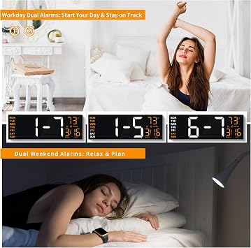 Maxstar 16 Large Digital Wall Clock with 8 RGB Led Display & Remote Control, Loud Dual Alarms,5-Level Dimmer, Auto-DST, Temperature,Date,Night Light for Bedroom/Office/Living Room/Shop/Gym/Game Room