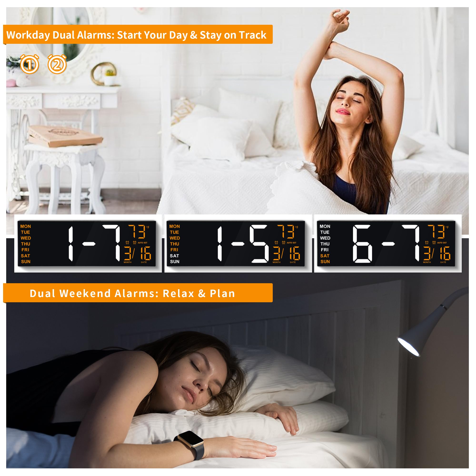 Maxstar 16 "Orologio da parete digitale grande con display LED e telecomando a 8 RGB,rumori allarmi doppi,DST,temperatura,data,luce notturna per camera da letto/ufficio/soggiorno/palestra/sala giochi