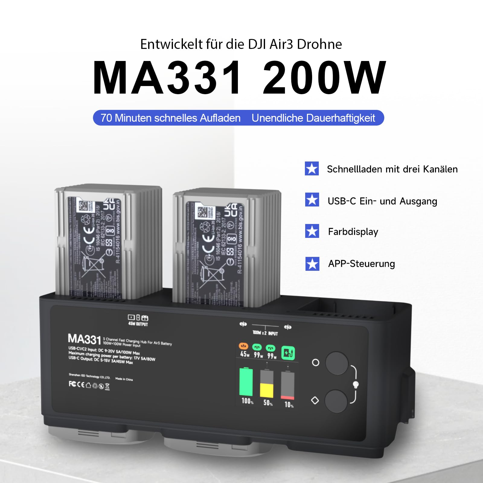 ISDT MA331 Hub de charge Air 3, chargeur de batterie intelligent 3 canaux 200 W pour DJI Air 3 Series, chargeur RC avec connexion d'application/écran LCD et fonction de décharge - 2