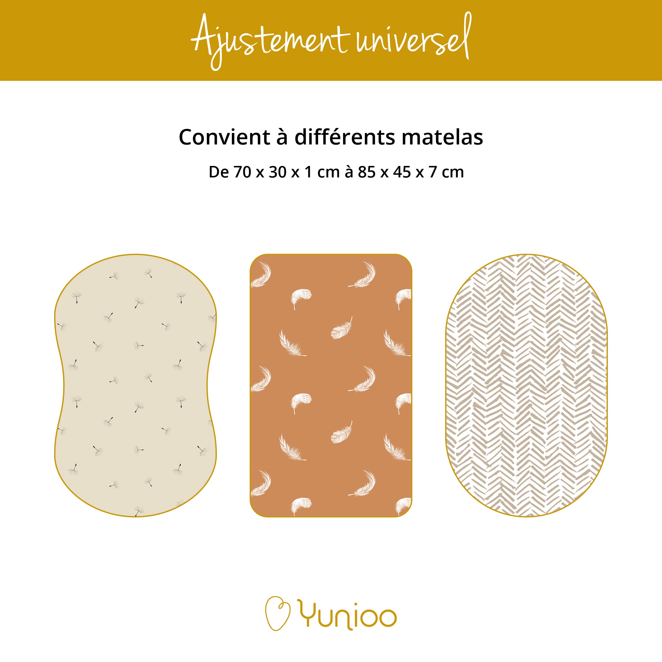 YUNIOO Lot de 3 draps-Housses pour couffin, Berceau, Landau, Panier à Langer et Housse de Matelas à Langer. 100% Coton Doux pour différents Matelas. 80 x 40 cm