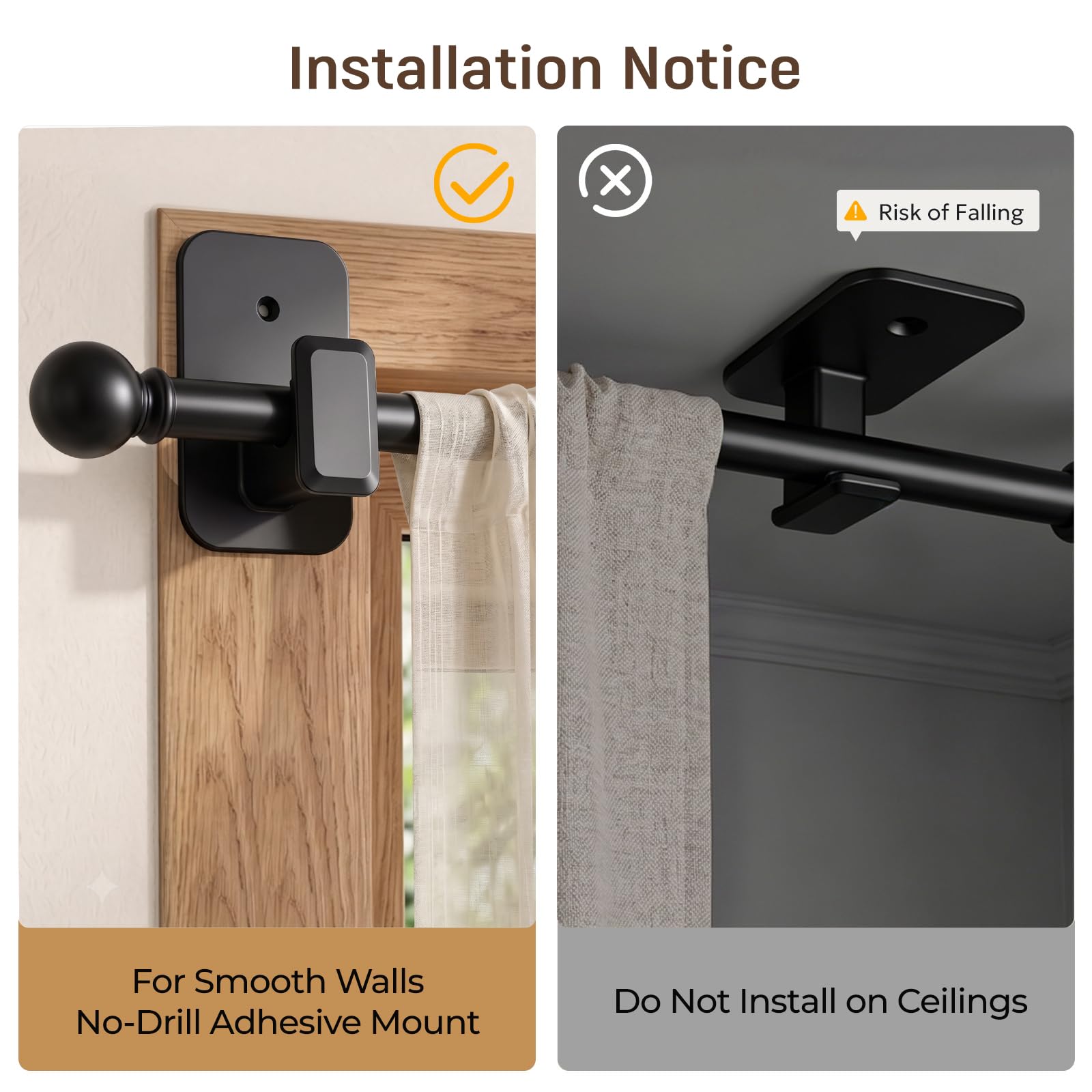 Gardinenstange ohne Bohren, Ø 16 mm, 81-183 cm, ausziehbar | Adhesive brackets, wall mount only, renter friendly, for apartments & dorms, no drill, easy setup