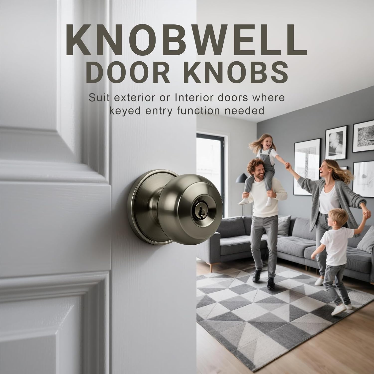 KNOBWELL 6 Pack Door Knob with Lock and Key (Keyed Alike), Keyed Entry Door Knobs Lock, Exterior Door Knob for Front Doors, Antique Brass