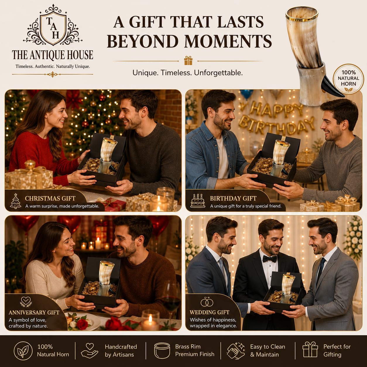 THE ANTIQUE HOUSE Set di due corno di bue con supporto, stile vichingo per birra, vino, idromele, regalo di nozze