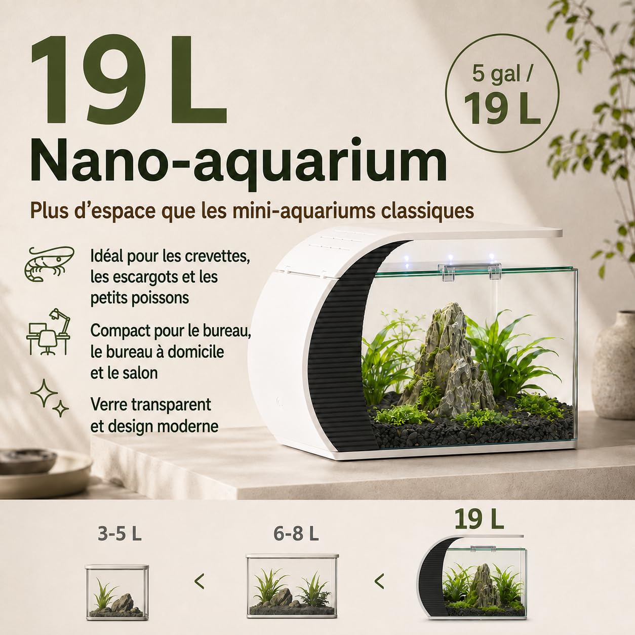 Aquarium de 5 gallons, avec éclairage LED et pompe à eau, capacité pour poissons d'ornement, crabes, plantes, idéal pour salon, chambre à coucher, bureau, décoration