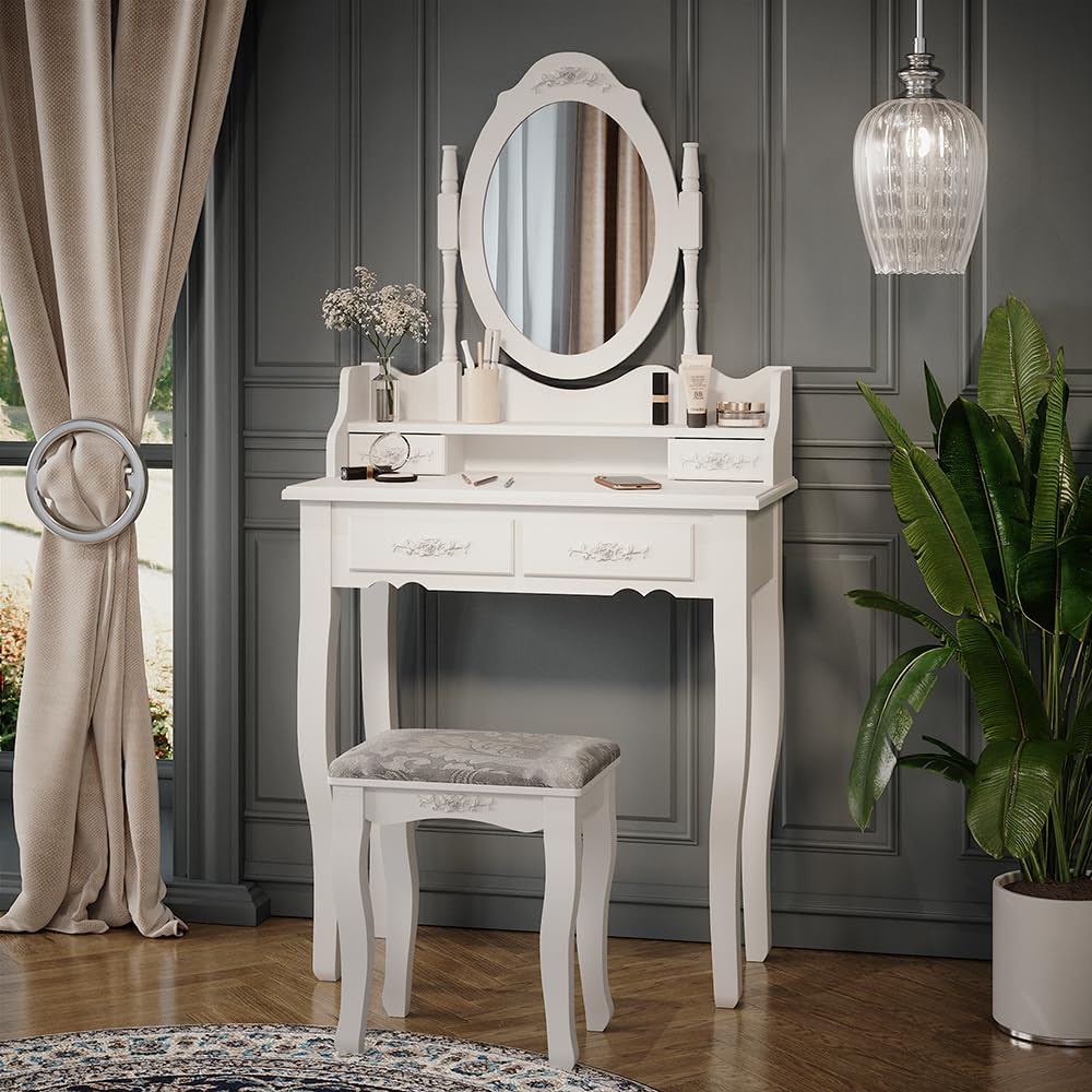 Vicco Tavolo da toeletta Meghan, Bianco, 75 cm | con sgabello, con sgabello e specchio ovale fissato in modo permanente