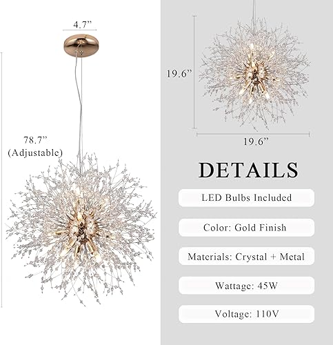 Miniatura 5 de Sputnik - Candelabros de cristal dorado de 9 luces, moderna luz colgante de diente de león, lámpara redonda pequeña, luces colgantes con cuentas