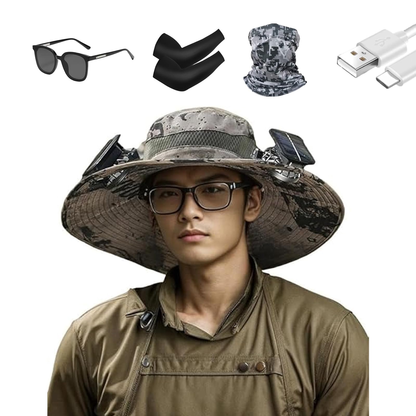 Solar Panel Fan Hat – Lightweight Wide Brim Hat with Dual Solar Powered Fans, USB Rechargeable, Sun Protection (US, Alpha, One Size, E)