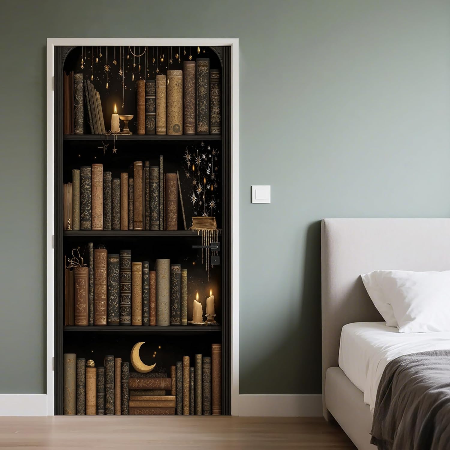 Vintage Bookshelf Door Sticker Peel and Stick Boho Stars Moon Door Wallpaper PVC Waterproof Retro Bookcase Book Shelf Mural 3D Self-Adhesive Murals for Bedroom Living Room Home Decor 35.4" x 78.7"