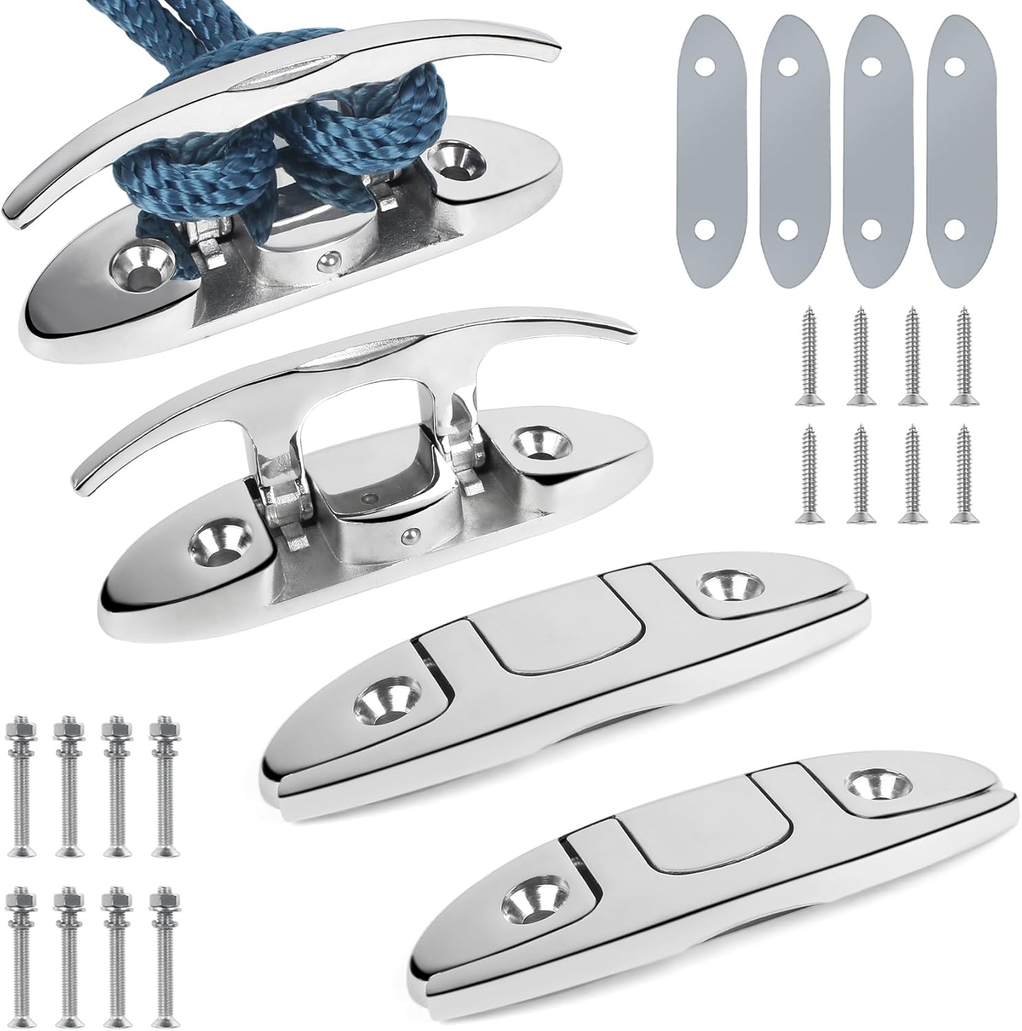4-1/2" Folding Boat Cleat 316 Stainless Steel, Marine Flip Up Dock Cleat 2 Holes, Boat Folding Cleat 6 Inch with Fasteners and Back Plates for Dock Lines Mooring Accessories (4 Pack)