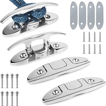 4-1/2" Folding Boat Cleat 316 Stainless Steel, Marine Flip Up Dock Cleat 2 Holes, Boat Folding Cleat 6 Inch with Fasteners and Back Plates for Dock Lines Mooring Accessories 4 Pack
