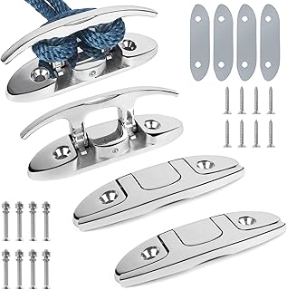 4-1/2" Folding Boat Cleat 316 Stainless Steel, Marine Flip Up Dock Cleat 2 Holes, Boat Folding Cleat 6 Inch with Fasteners and Back Plates for Dock Lines Mooring Accessories (4 Pack)