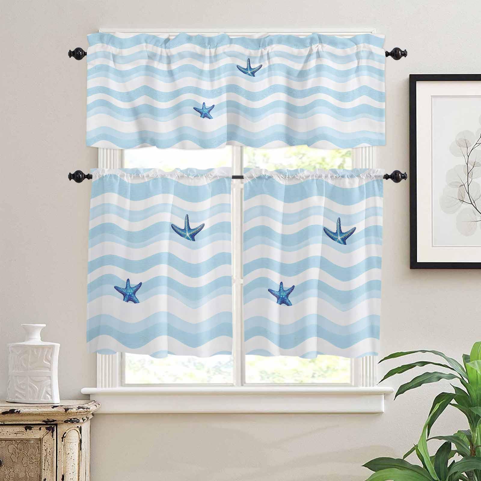 Blue White Striped Kitchen Curtains 36 Inch Length, 3 Piece Rod Pocket Small Half Tiers and Valance Set, Starfish Coastal Waves Small Large Window Treatment Decor for Bedroom/Bathroom Sink