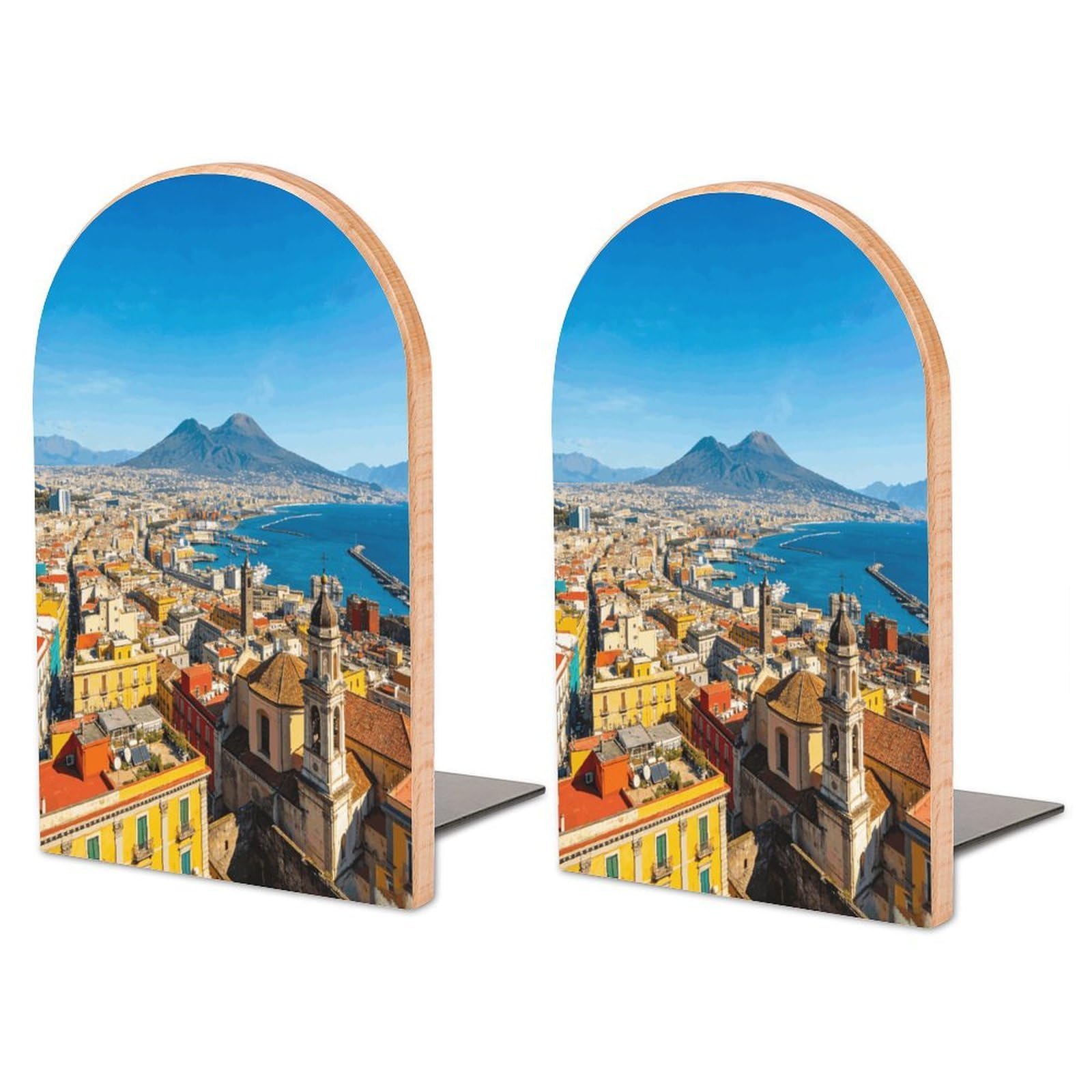 Sujetalibros de madera para estantes con diseño de ciudad y mar soporte de metal