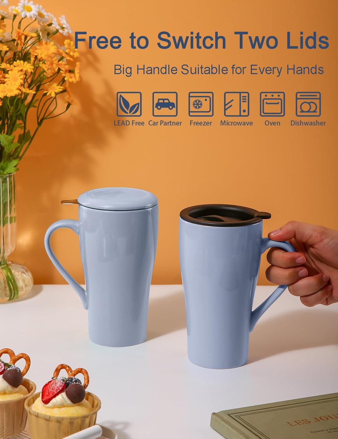 Tea Cup with Infuser and Lid, 18oz Large Steeper Mug, Ceramic Tea Infuser Mug with Silicone Lid, Teacup for Home, Office, Dishwasher & Microwave Safe (Lilac) - Image 2