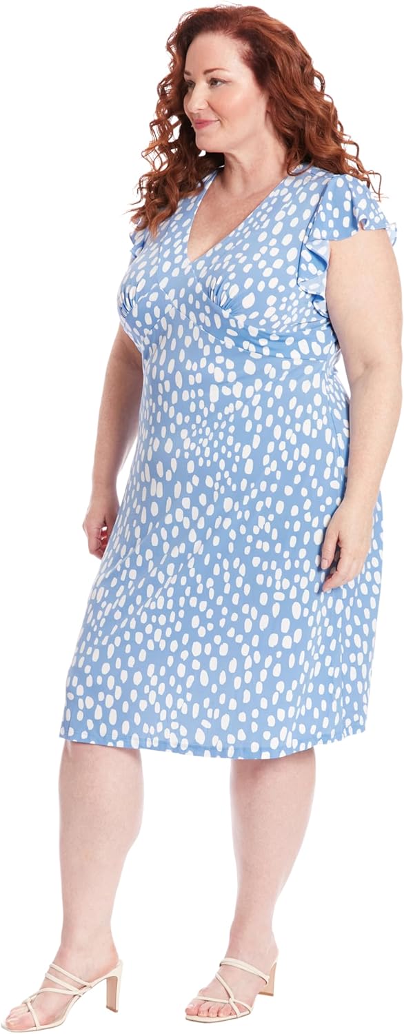 London Times Women's V-Neck Ruffle Sleeve Matte Jersey Dress Casual Summer Fun Easy Wear to Brunch